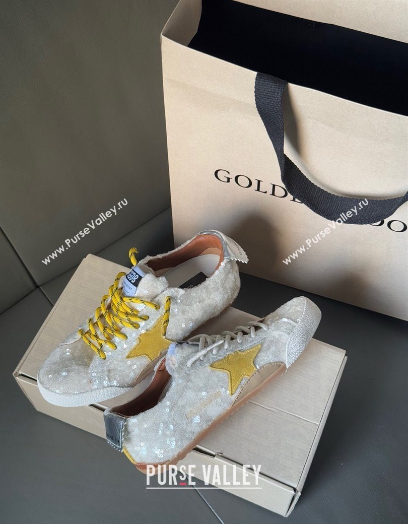 Golden Goose Womens True-Star in white sequins with yellow star and silver leather heel tab 2025 0902 (13-250902107)