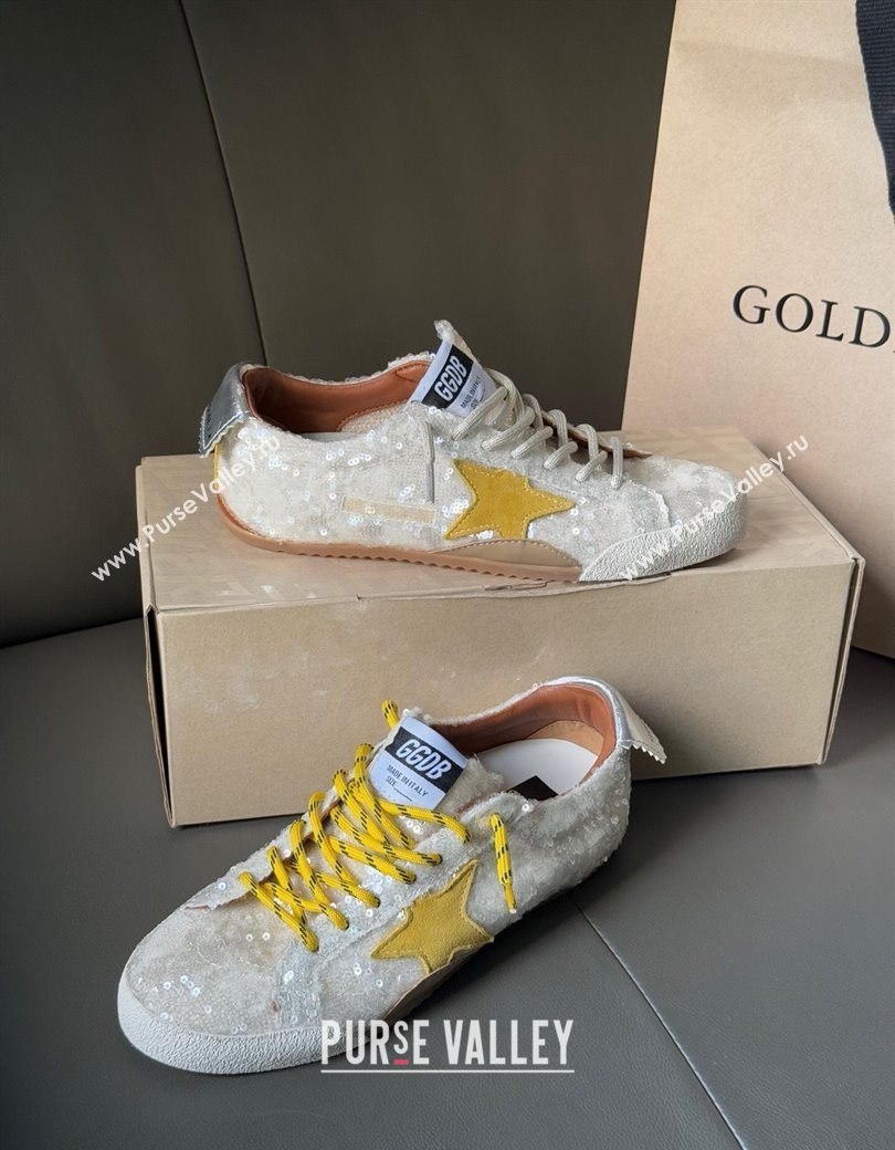 Golden Goose Womens True-Star in white sequins with yellow star and silver leather heel tab 2025 0902 (13-250902107)