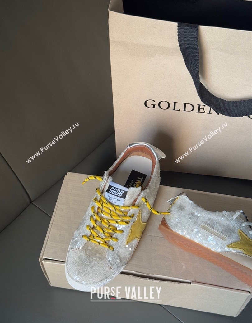 Golden Goose Womens True-Star in white sequins with yellow star and silver leather heel tab 2025 0902 (13-250902107)