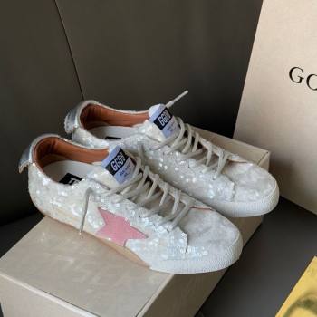 Golden Goose Womens True-Star in white sequins with pink star and silver leather heel tab 2025 0902 (13-250902108)