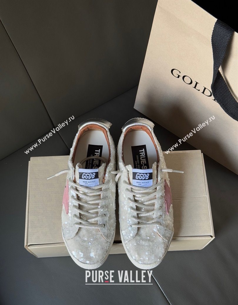 Golden Goose Womens True-Star in white sequins with pink star and silver leather heel tab 2025 0902 (13-250902108)