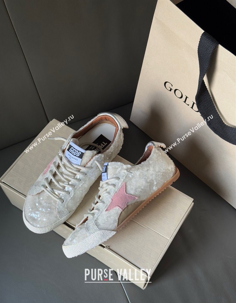 Golden Goose Womens True-Star in white sequins with pink star and silver leather heel tab 2025 0902 (13-250902108)