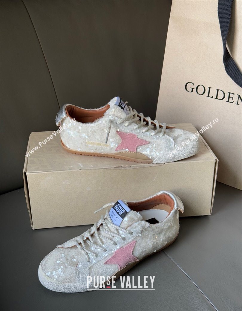 Golden Goose Womens True-Star in white sequins with pink star and silver leather heel tab 2025 0902 (13-250902108)