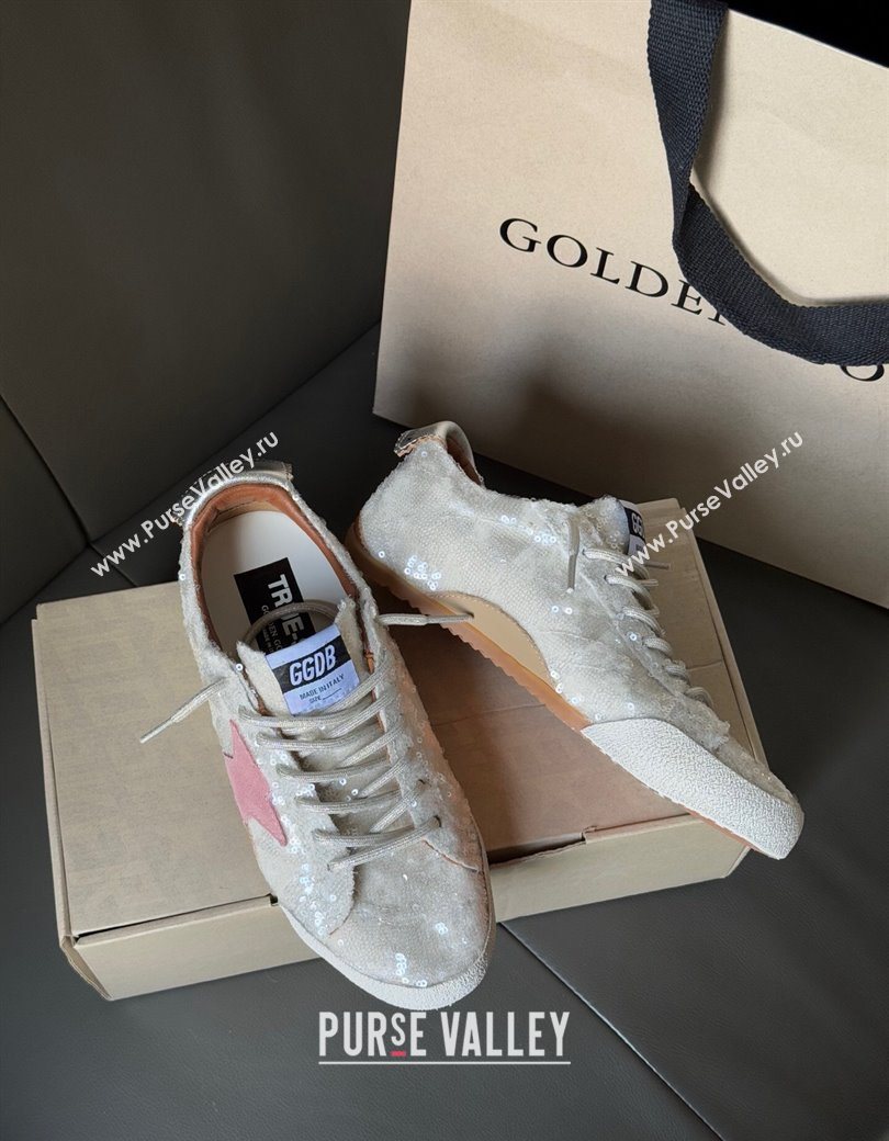Golden Goose Womens True-Star in white sequins with pink star and silver leather heel tab 2025 0902 (13-250902108)