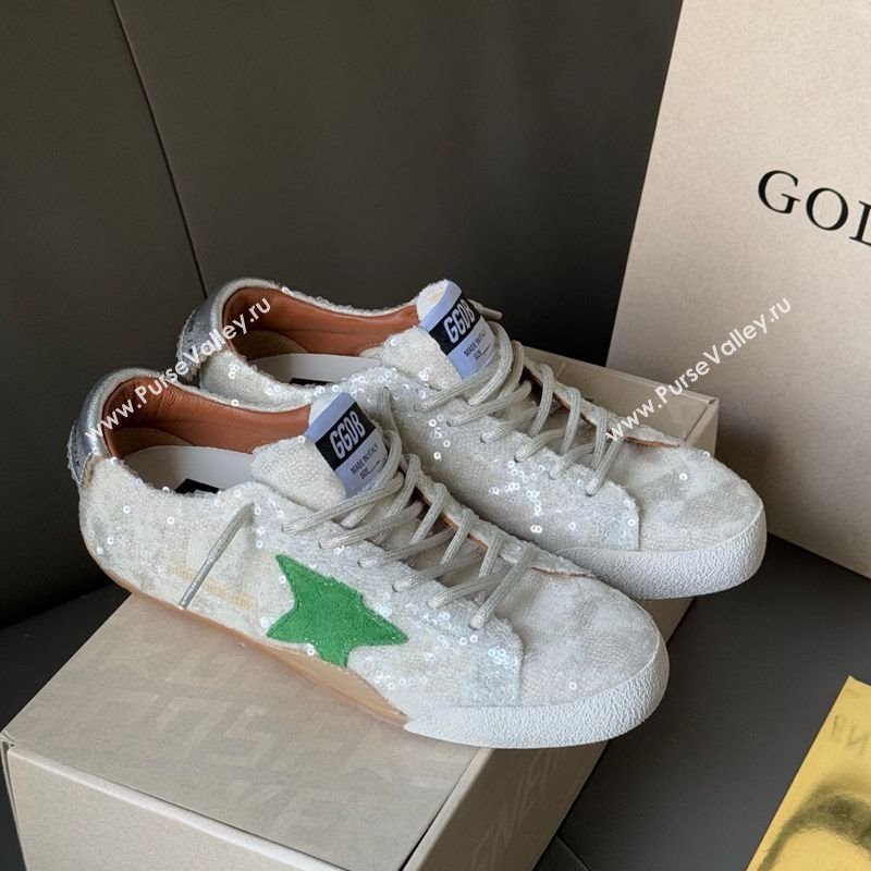 Golden Goose Womens True-Star in white sequins with green star and silver leather heel tab 2025 0902 (13-250902109)