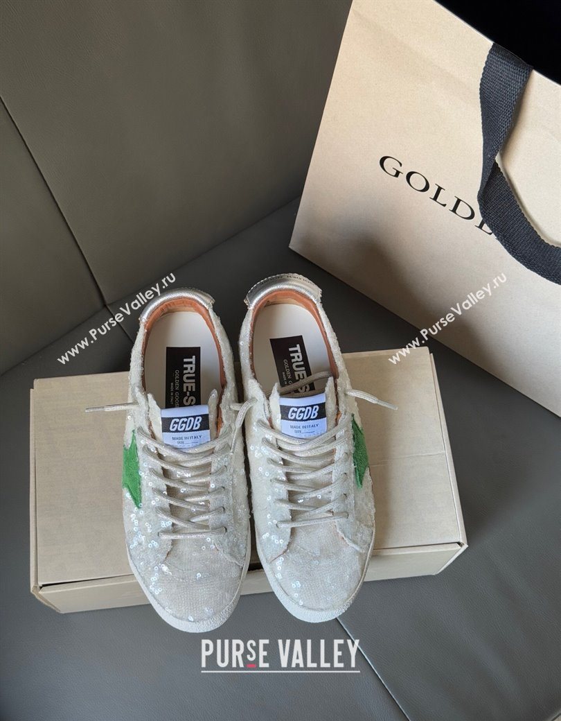 Golden Goose Womens True-Star in white sequins with green star and silver leather heel tab 2025 0902 (13-250902109)