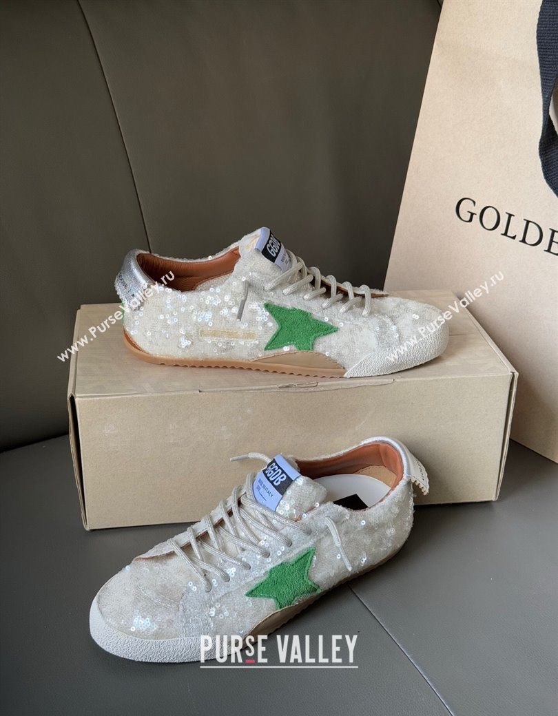 Golden Goose Womens True-Star in white sequins with green star and silver leather heel tab 2025 0902 (13-250902109)