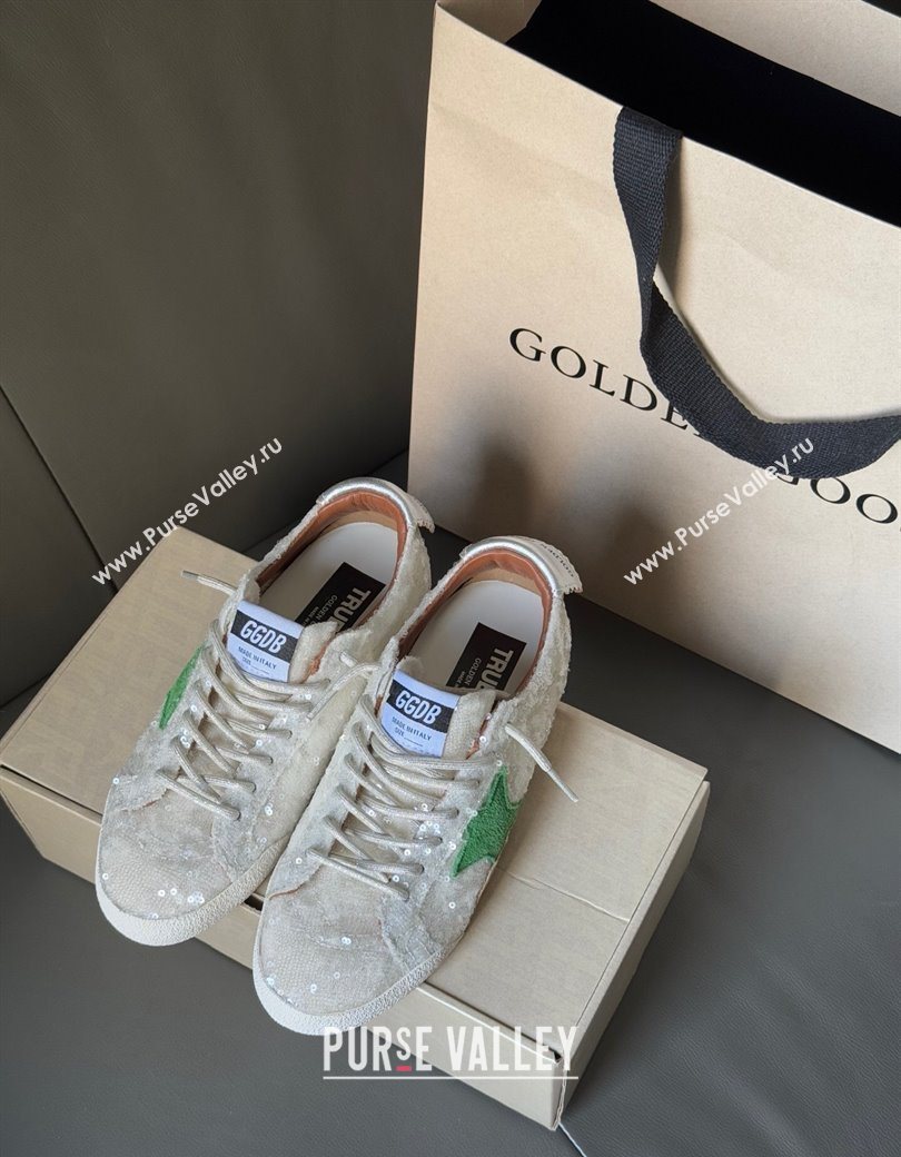 Golden Goose Womens True-Star in white sequins with green star and silver leather heel tab 2025 0902 (13-250902109)