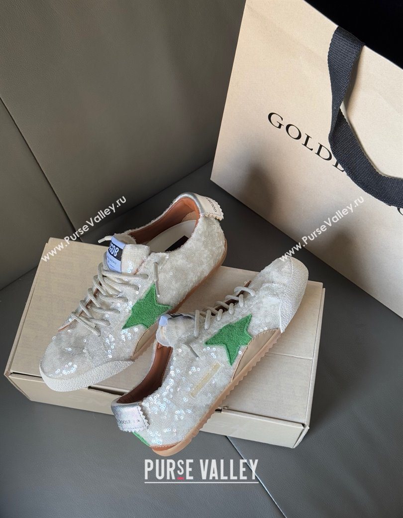 Golden Goose Womens True-Star in white sequins with green star and silver leather heel tab 2025 0902 (13-250902109)