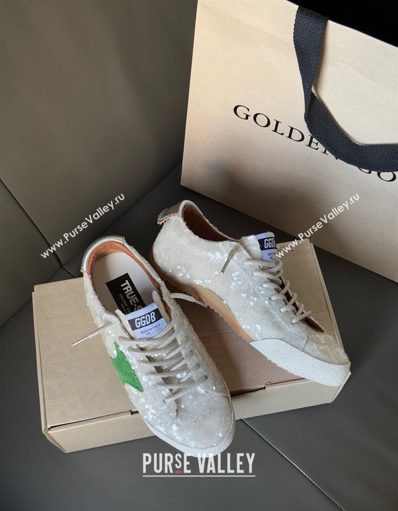 Golden Goose Womens True-Star in white sequins with green star and silver leather heel tab 2025 0902 (13-250902109)