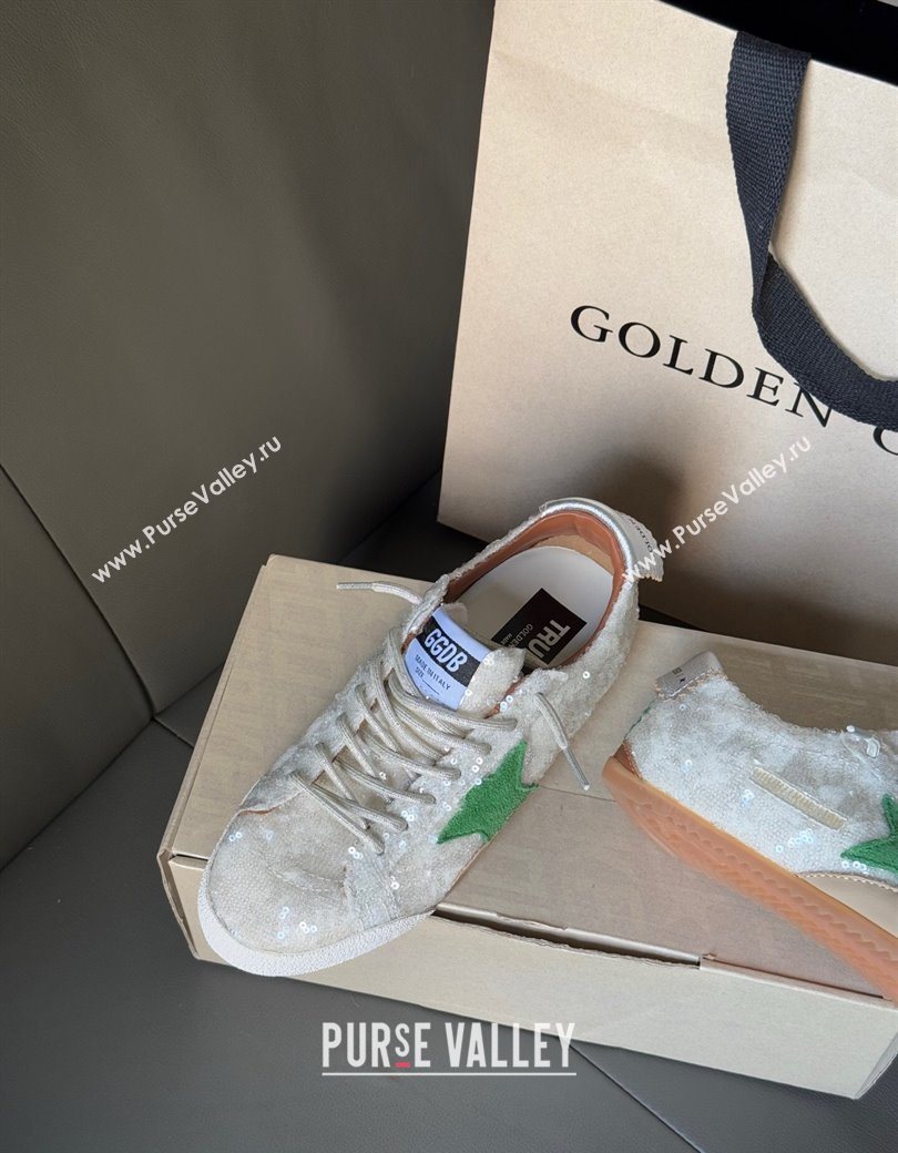 Golden Goose Womens True-Star in white sequins with green star and silver leather heel tab 2025 0902 (13-250902109)