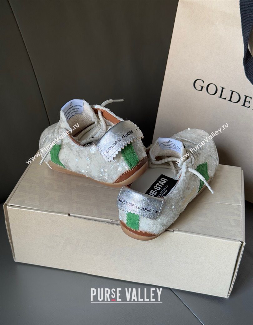 Golden Goose Womens True-Star in white sequins with green star and silver leather heel tab 2025 0902 (13-250902109)