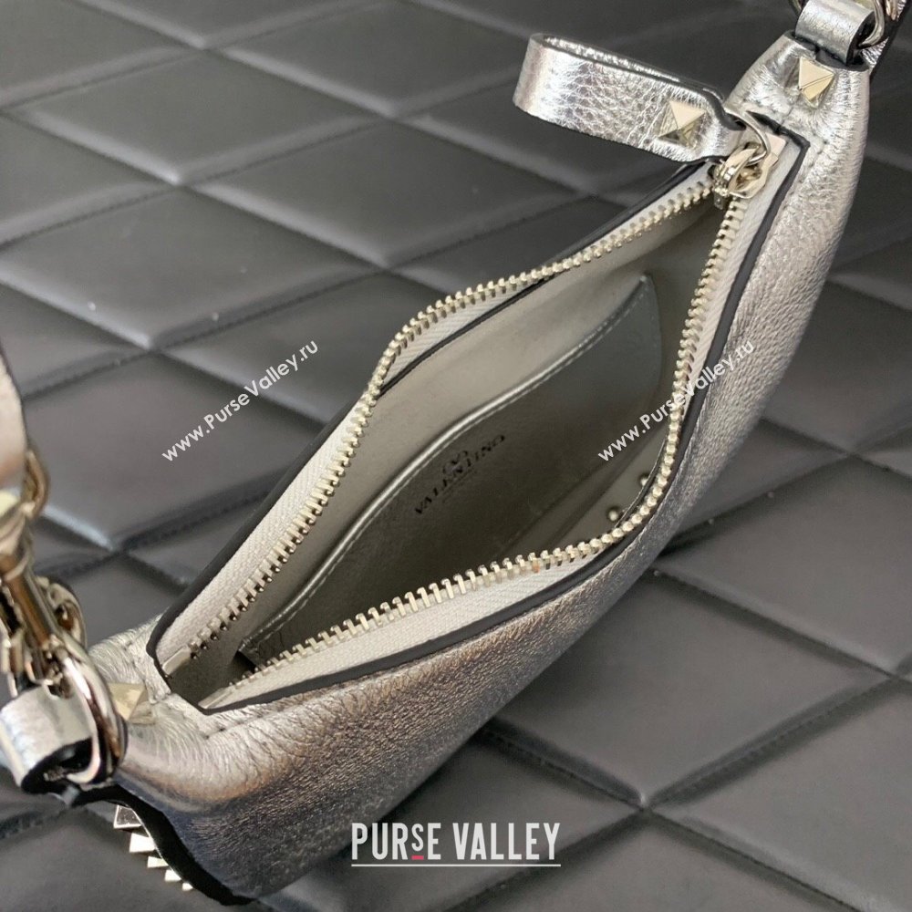 Valentino Mini Rockstud Hobo bag in Grainy Calfskin Silver 2023 VL0513 (LN-231229031)