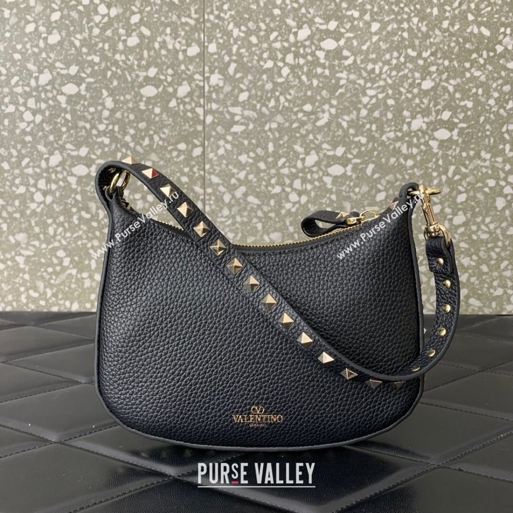 Valentino Mini Rockstud Hobo bag in Grainy Calfskin Black 2023 VL0513 (LN-231229032)