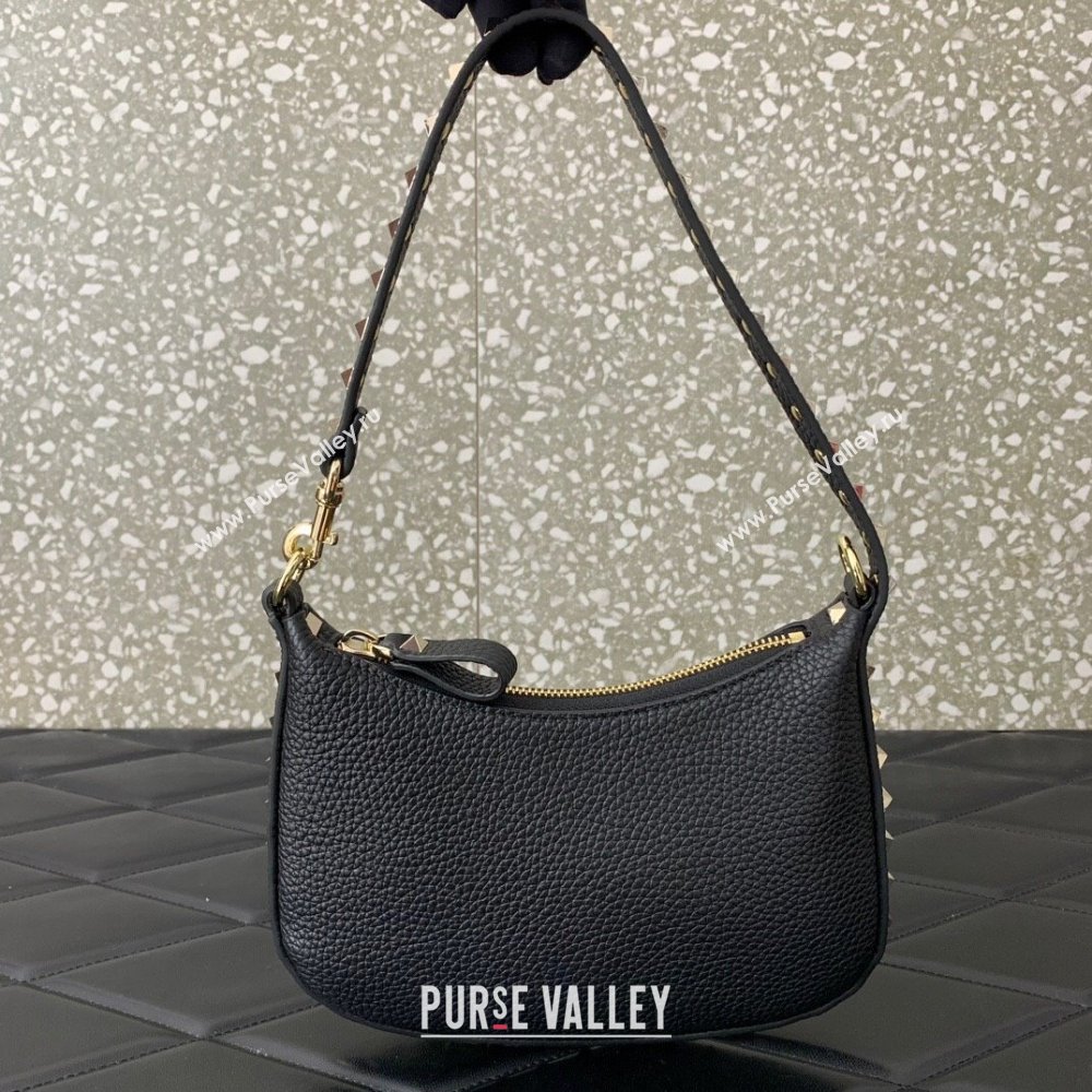 Valentino Mini Rockstud Hobo bag in Grainy Calfskin Black 2023 VL0513 (LN-231229032)