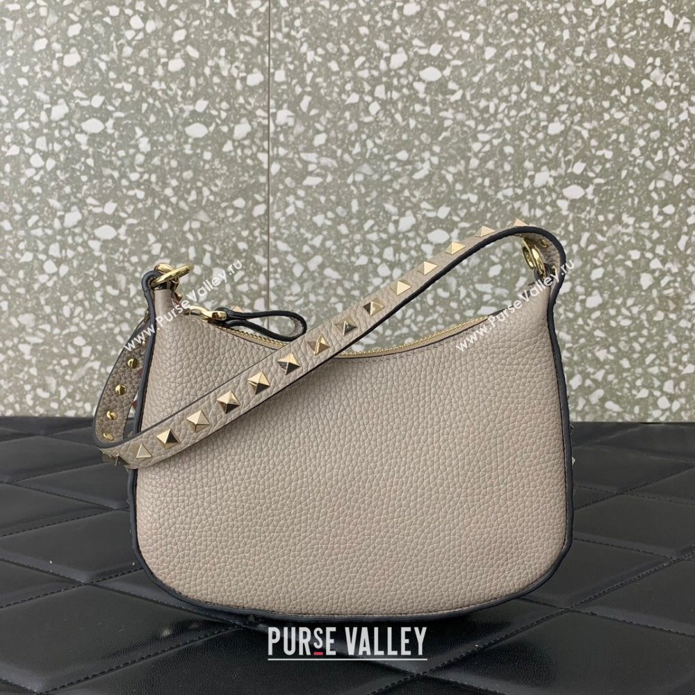 Valentino Mini Rockstud Hobo bag in Grainy Calfskin Grey 2023 VL0513 (LN-231229035)