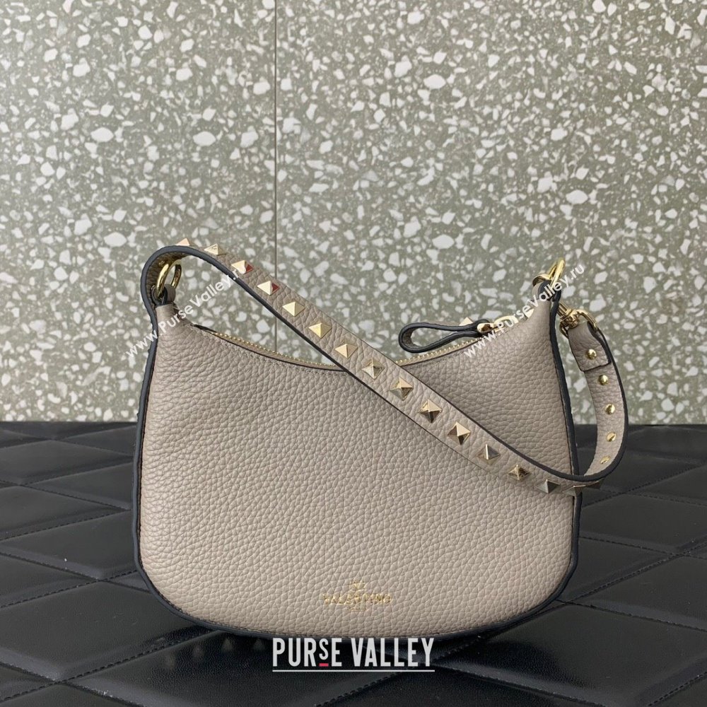 Valentino Mini Rockstud Hobo bag in Grainy Calfskin Grey 2023 VL0513 (LN-231229035)