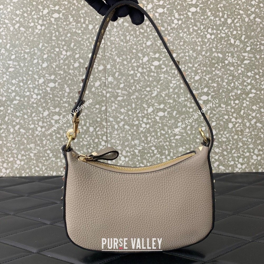 Valentino Mini Rockstud Hobo bag in Grainy Calfskin Grey 2023 VL0513 (LN-231229035)