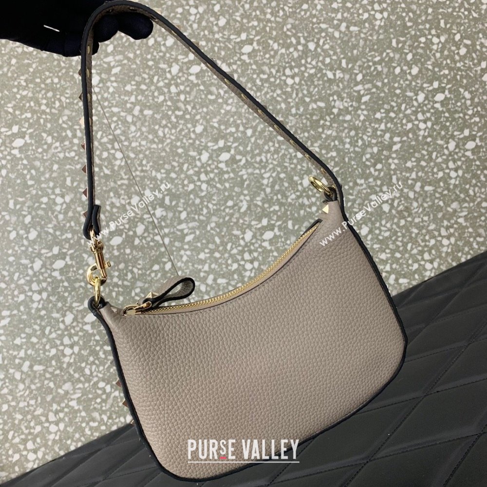 Valentino Mini Rockstud Hobo bag in Grainy Calfskin Grey 2023 VL0513 (LN-231229035)