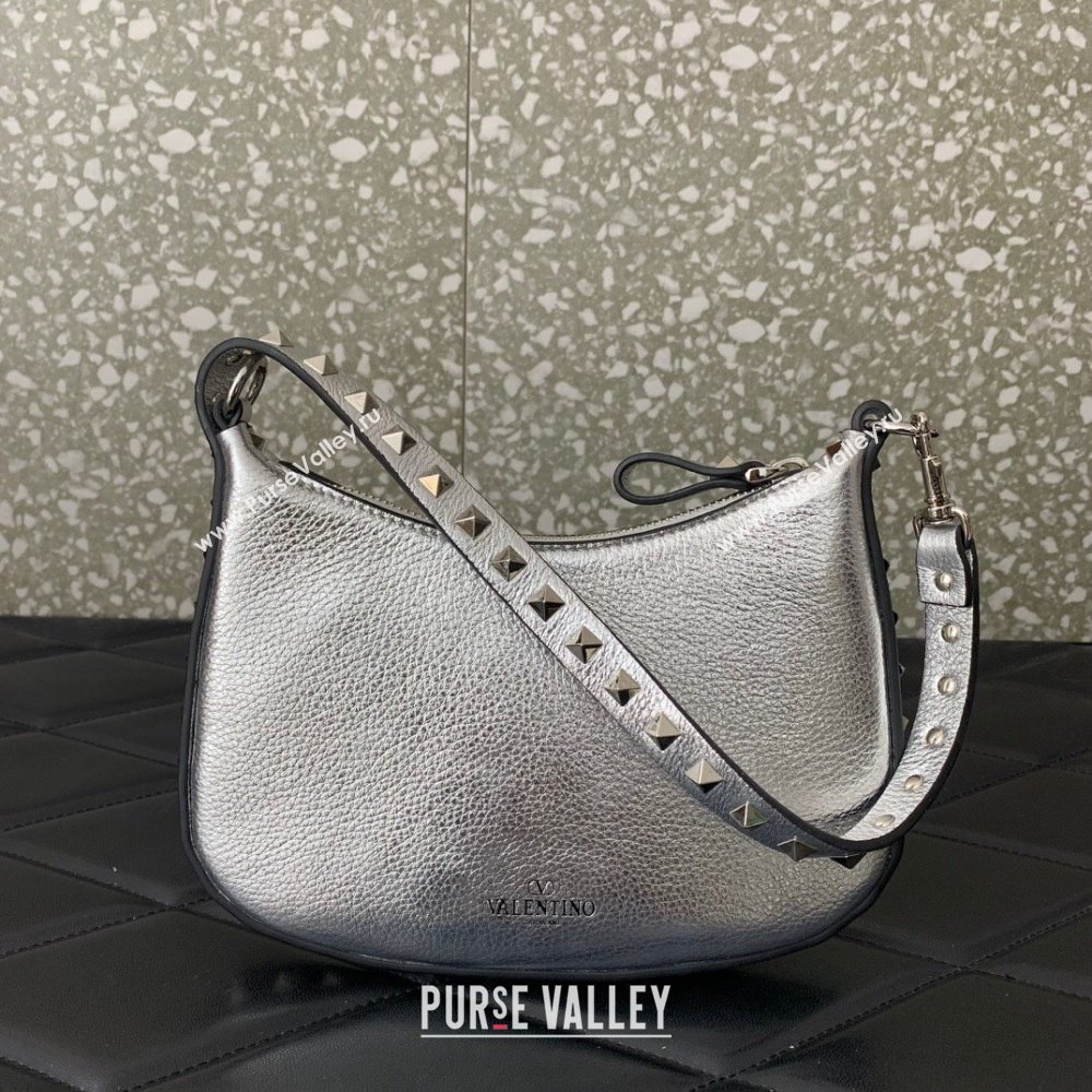 Valentino Mini Rockstud Hobo bag in Grainy Calfskin Silver 2023 VL0513 (LN-231229031)