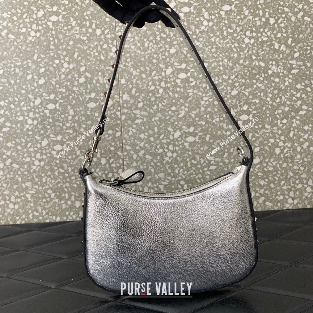 Valentino Mini Rockstud Hobo bag in Grainy Calfskin Silver 2023 VL0513 (LN-231229031)