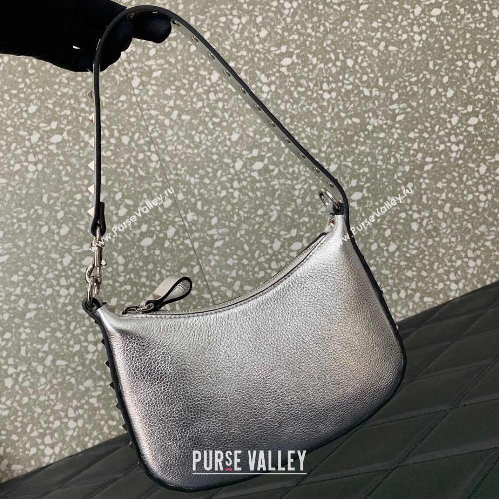 Valentino Mini Rockstud Hobo bag in Grainy Calfskin Silver 2023 VL0513 (LN-231229031)