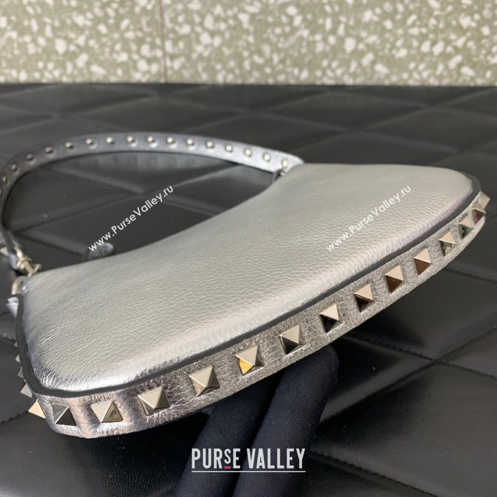 Valentino Mini Rockstud Hobo bag in Grainy Calfskin Silver 2023 VL0513 (LN-231229031)