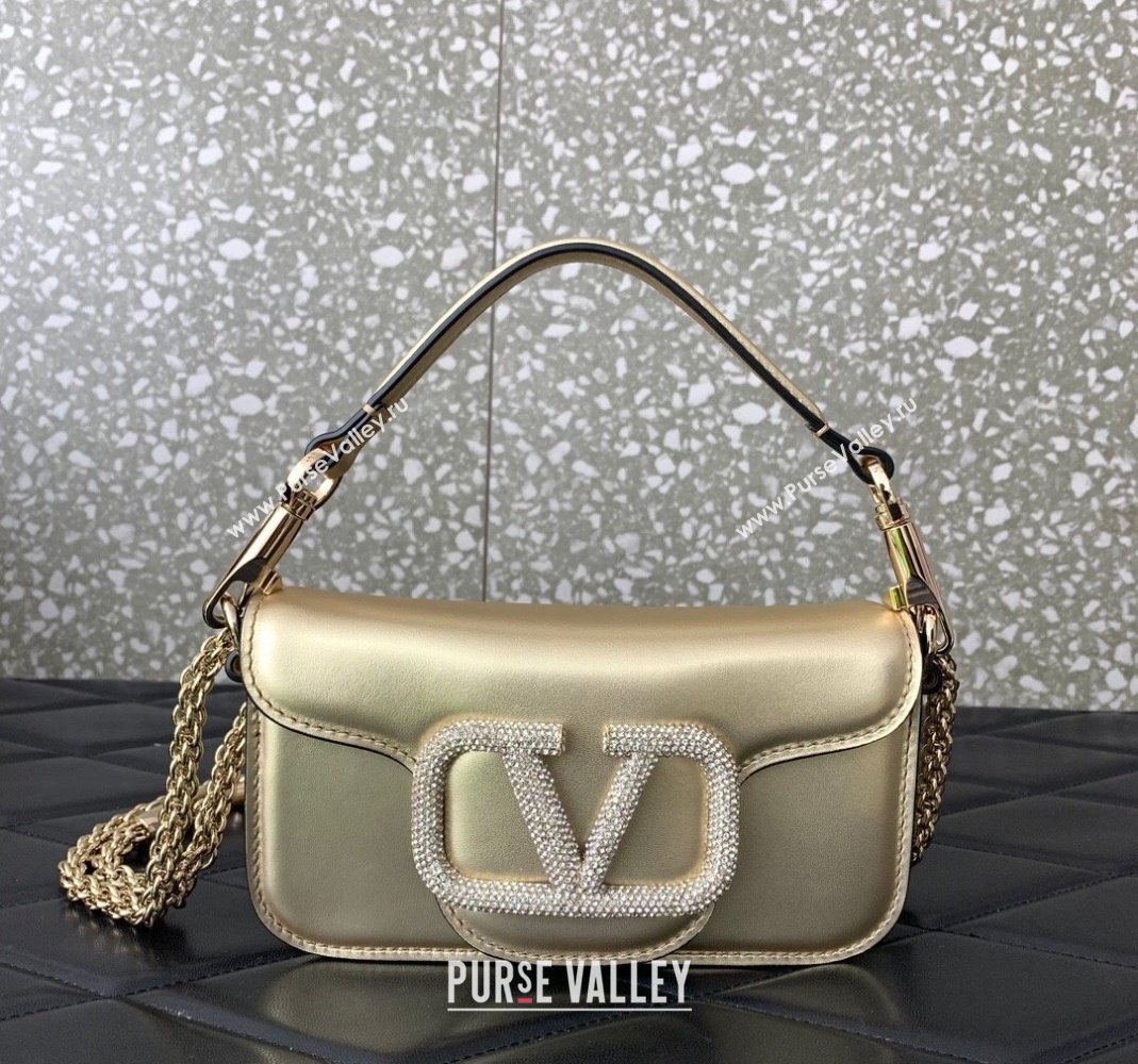 Valentino Locò embroidered Small Shoulder Bag with Crystal Logo 5031 Gold 2024 (LN-240220069)