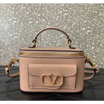 Valentino Mini Loco Calfskin Handbag with Jewel Crystals Logo Rose Nude 2024 5026 (LN-240220053)