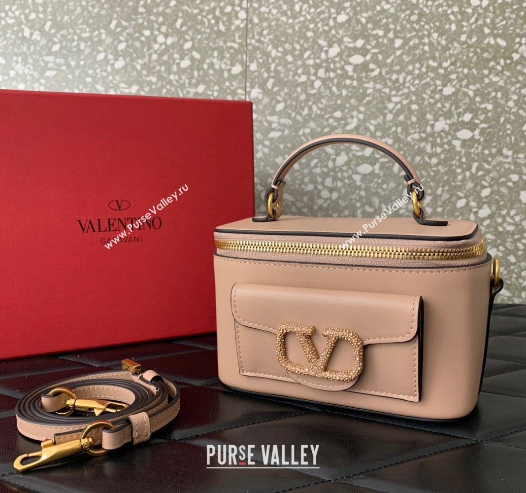 Valentino Mini Loco Calfskin Handbag with Jewel Crystals Logo Rose Nude 2024 5026 (LN-240220053)