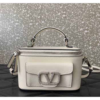 Valentino Mini Loco Calfskin Handbag with Jewel Crystals Logo White 2024 5026 (LN-240220054)