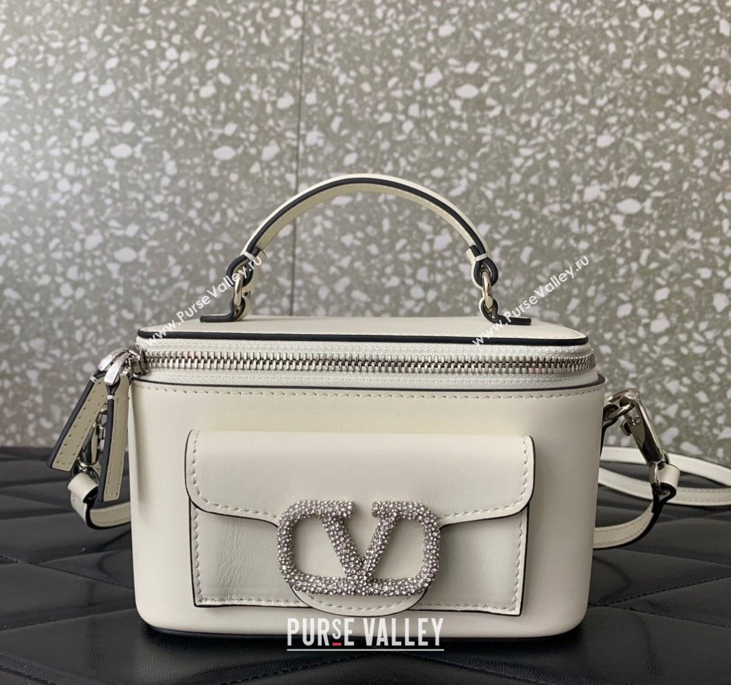 Valentino Mini Loco Calfskin Handbag with Jewel Crystals Logo White 2024 5026 (LN-240220054)