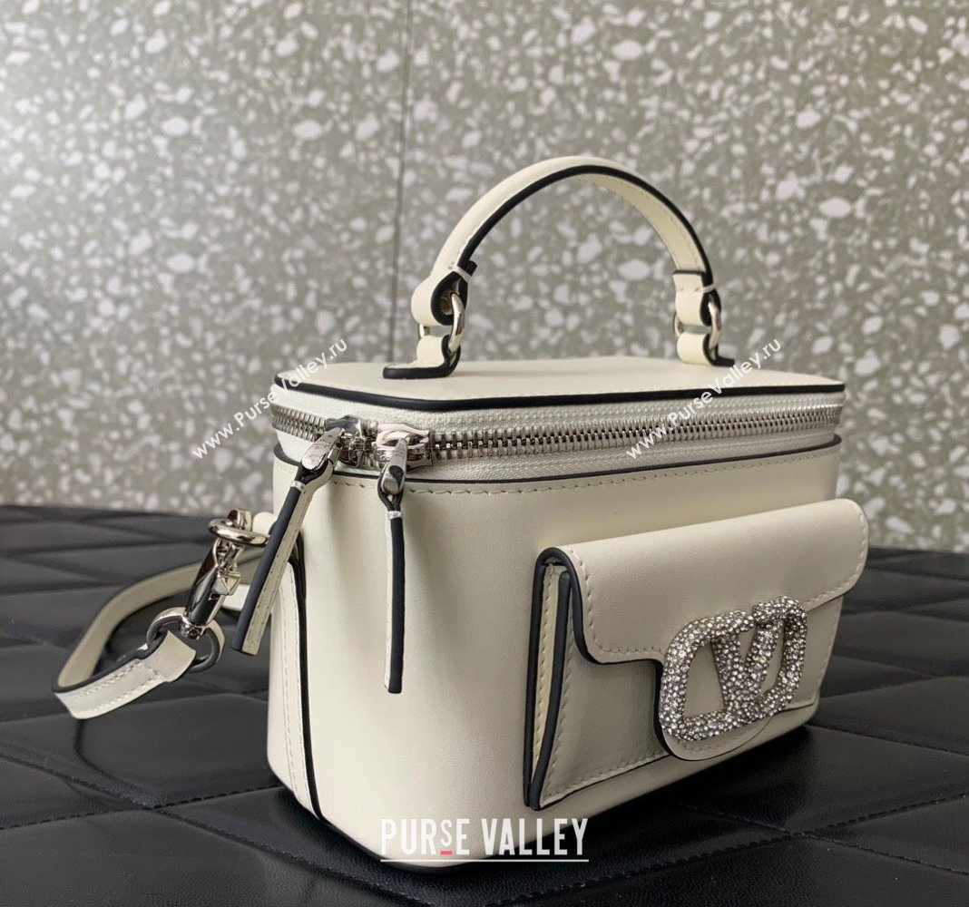 Valentino Mini Loco Calfskin Handbag with Jewel Crystals Logo White 2024 5026 (LN-240220054)