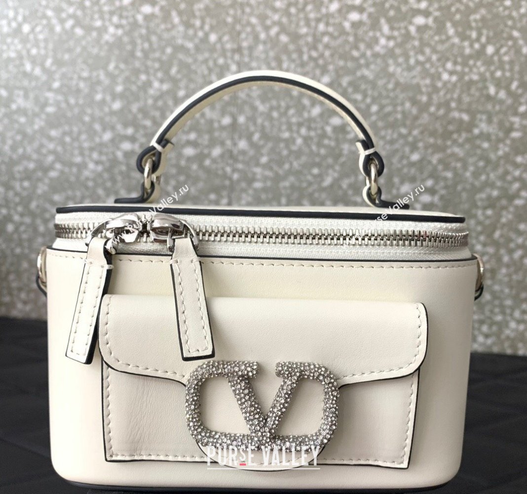 Valentino Mini Loco Calfskin Handbag with Jewel Crystals Logo White 2024 5026 (LN-240220054)