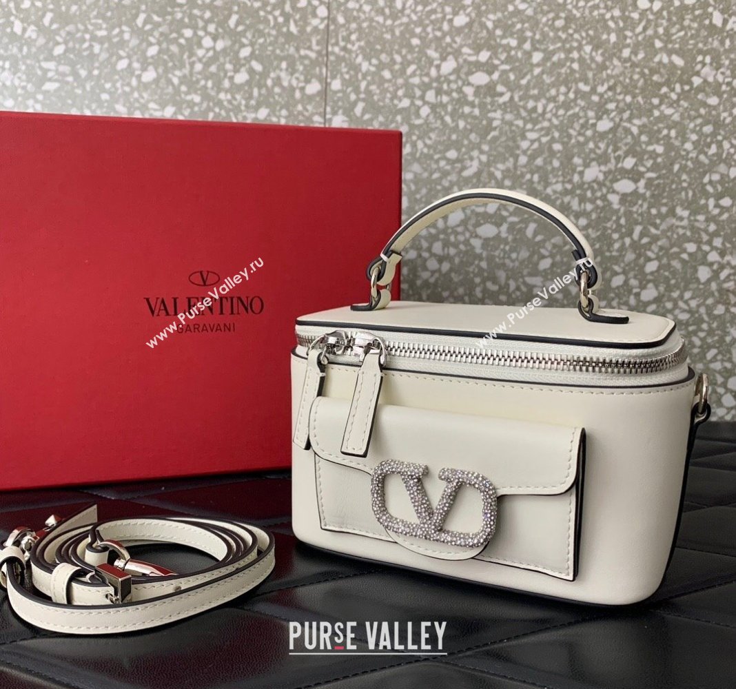 Valentino Mini Loco Calfskin Handbag with Jewel Crystals Logo White 2024 5026 (LN-240220054)