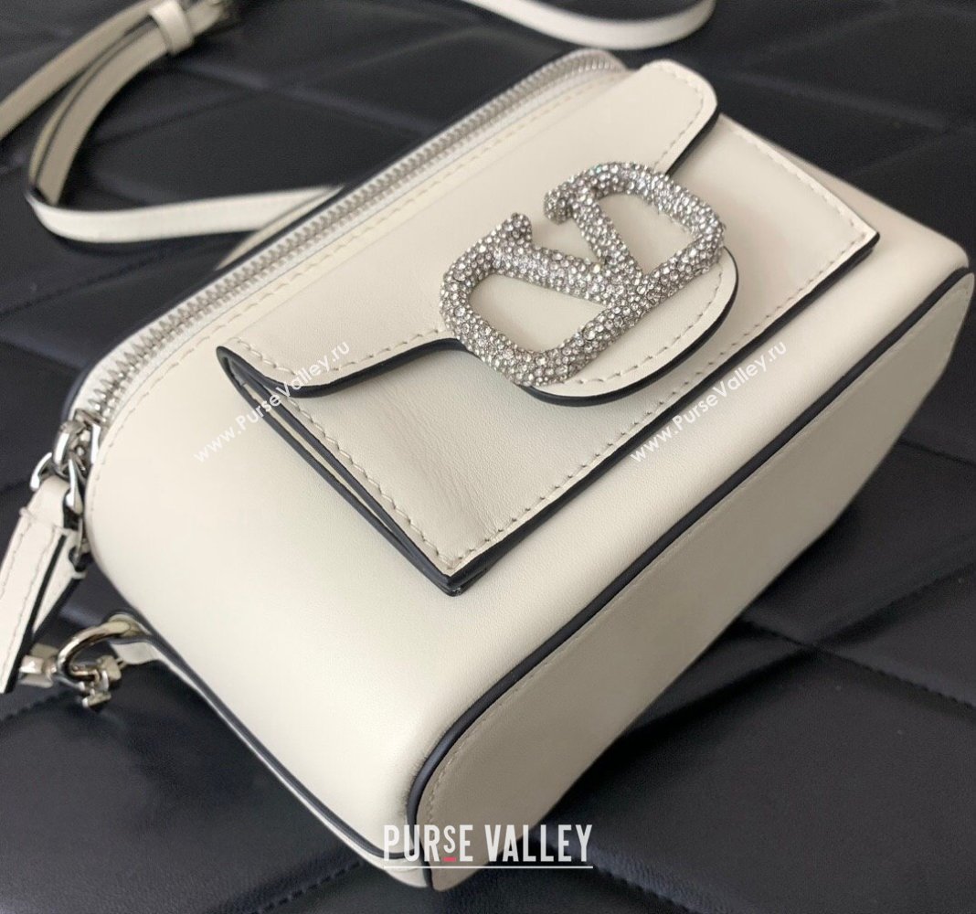 Valentino Mini Loco Calfskin Handbag with Jewel Crystals Logo White 2024 5026 (LN-240220054)