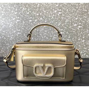 Valentino Mini Loco Calfskin Handbag with Jewel Crystals Logo Gold 2024 5026 (LN-240220055)