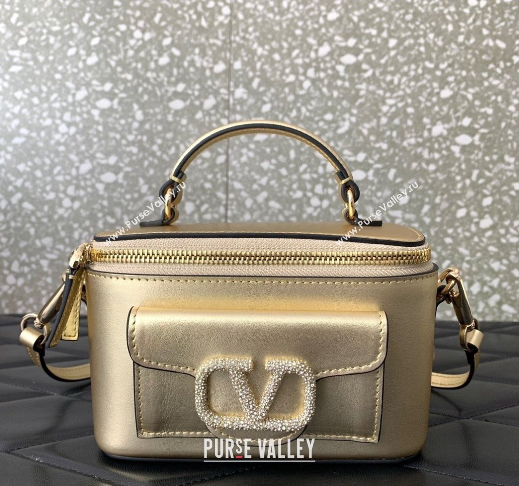 Valentino Mini Loco Calfskin Handbag with Jewel Crystals Logo Gold 2024 5026 (LN-240220055)