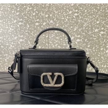 Valentino Mini Loco Calfskin Handbag with Jewel Crystals Logo Black 2024 5026 (LN-240220052)