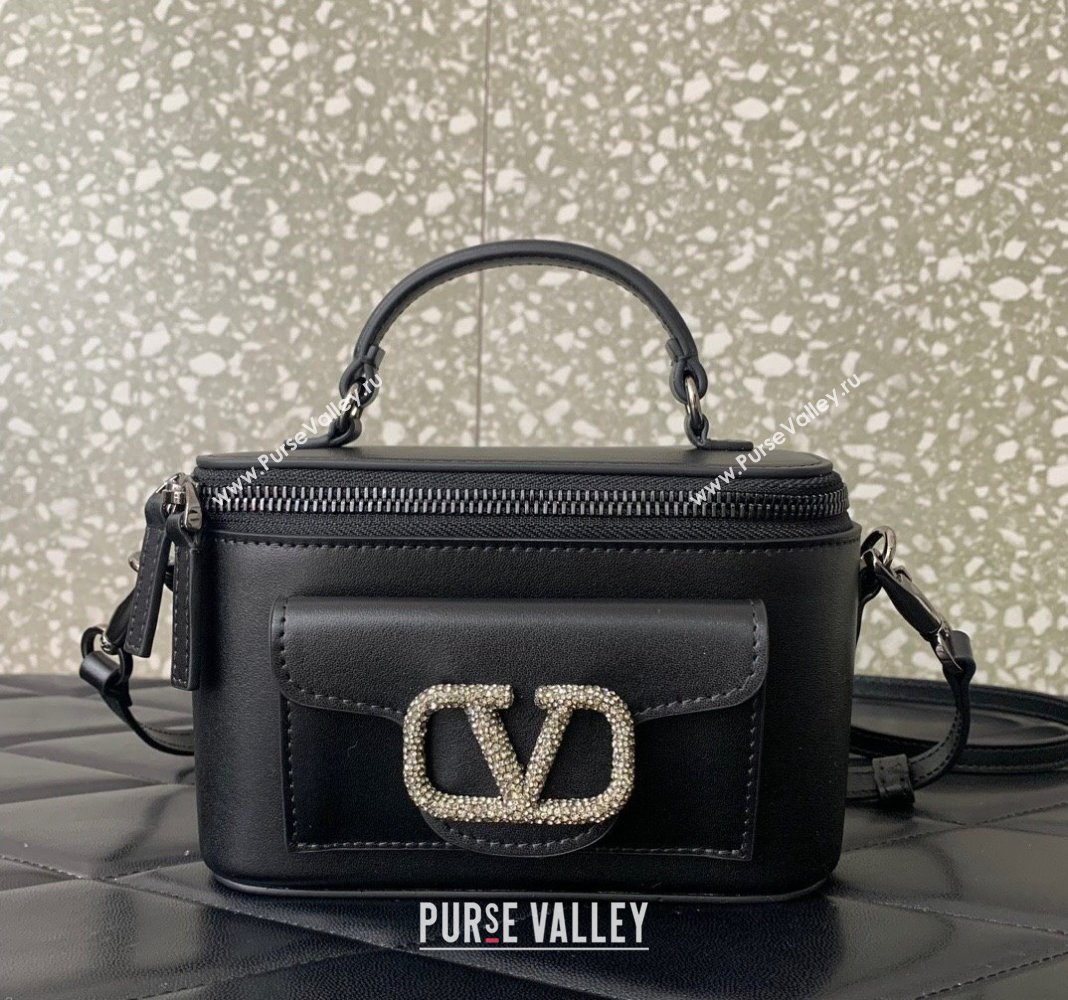 Valentino Mini Loco Calfskin Handbag with Jewel Crystals Logo Black 2024 5026 (LN-240220052)