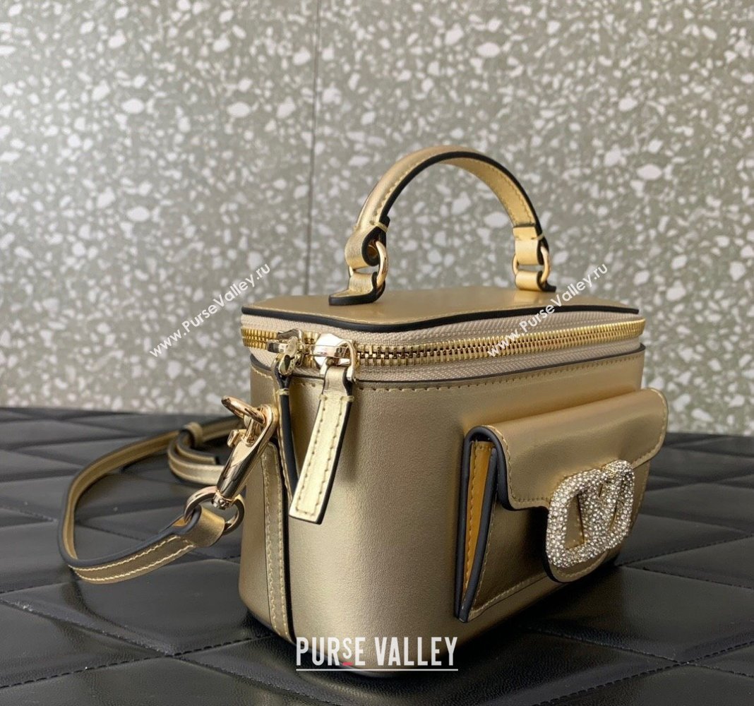 Valentino Mini Loco Calfskin Handbag with Jewel Crystals Logo Gold 2024 5026 (LN-240220055)