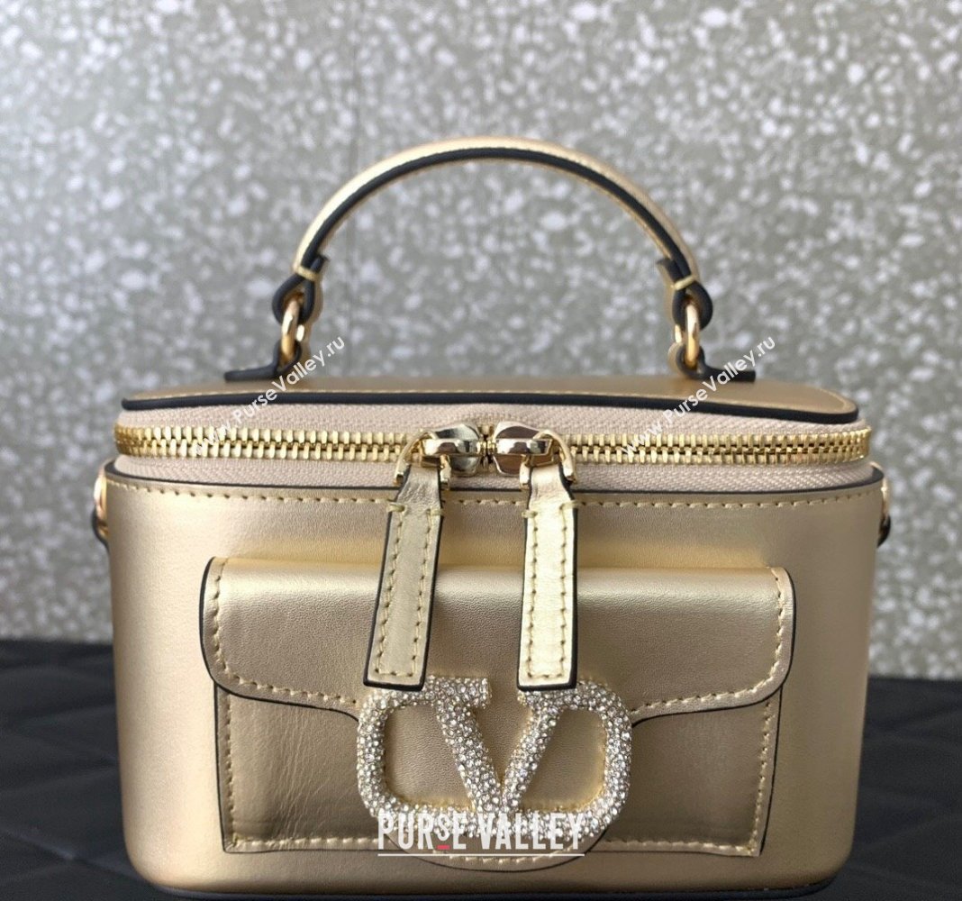 Valentino Mini Loco Calfskin Handbag with Jewel Crystals Logo Gold 2024 5026 (LN-240220055)