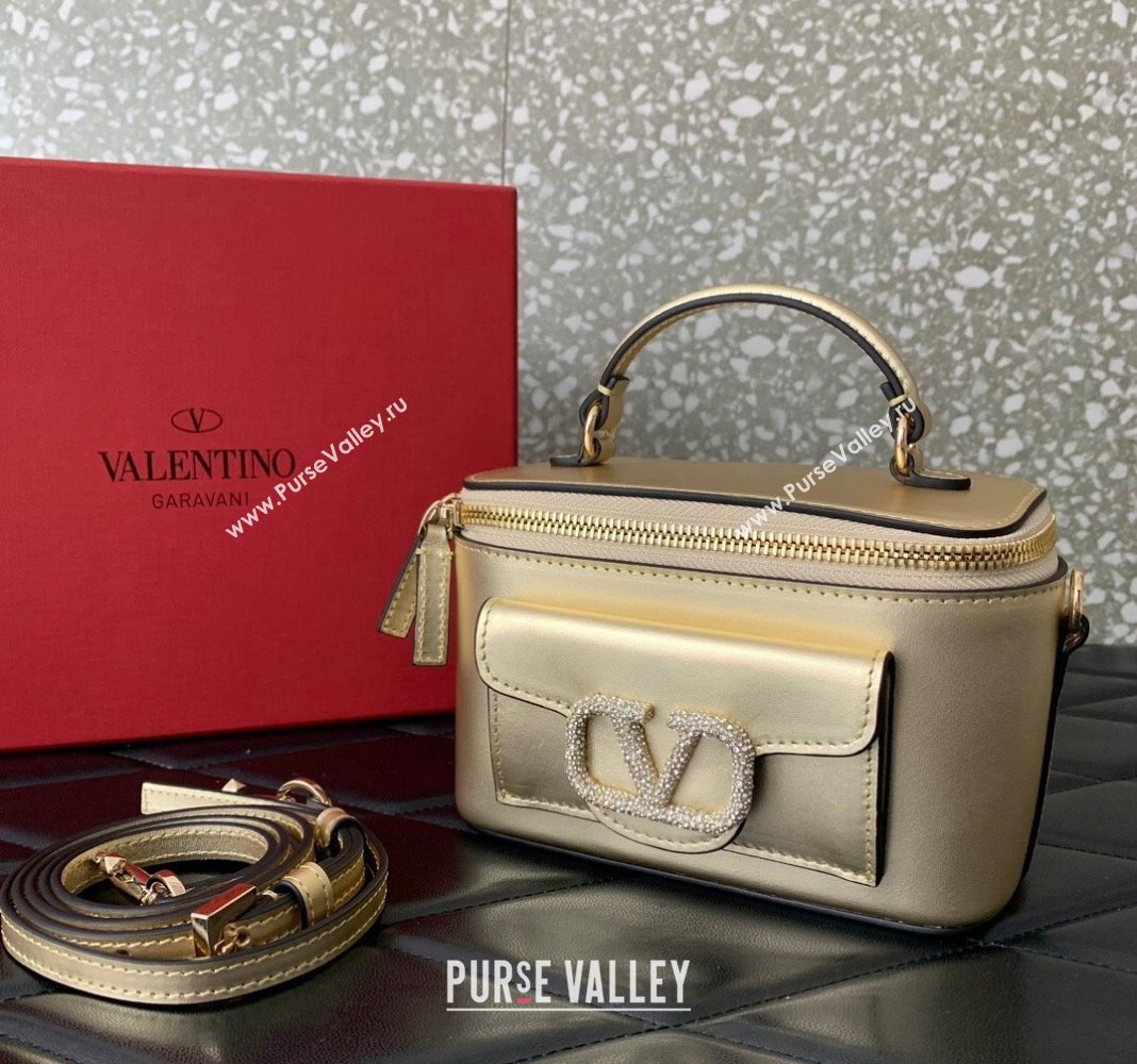 Valentino Mini Loco Calfskin Handbag with Jewel Crystals Logo Gold 2024 5026 (LN-240220055)