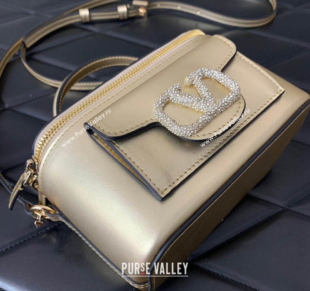 Valentino Mini Loco Calfskin Handbag with Jewel Crystals Logo Gold 2024 5026 (LN-240220055)