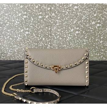 Valentino Rockstud Wallet with Chain in Grainy Calfskin Grey 2024 059 (LN-240220063)