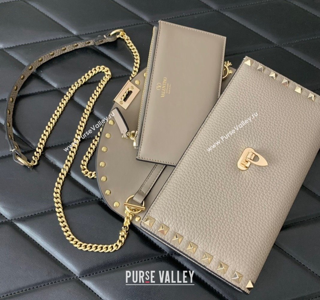 Valentino Rockstud Wallet with Chain in Grainy Calfskin Grey 2024 059 (LN-240220063)