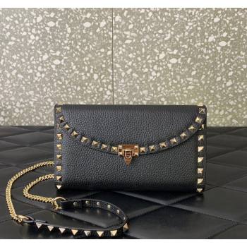 Valentino Rockstud Wallet with Chain in Grainy Calfskin Black 2024 059 (LN-240220064)