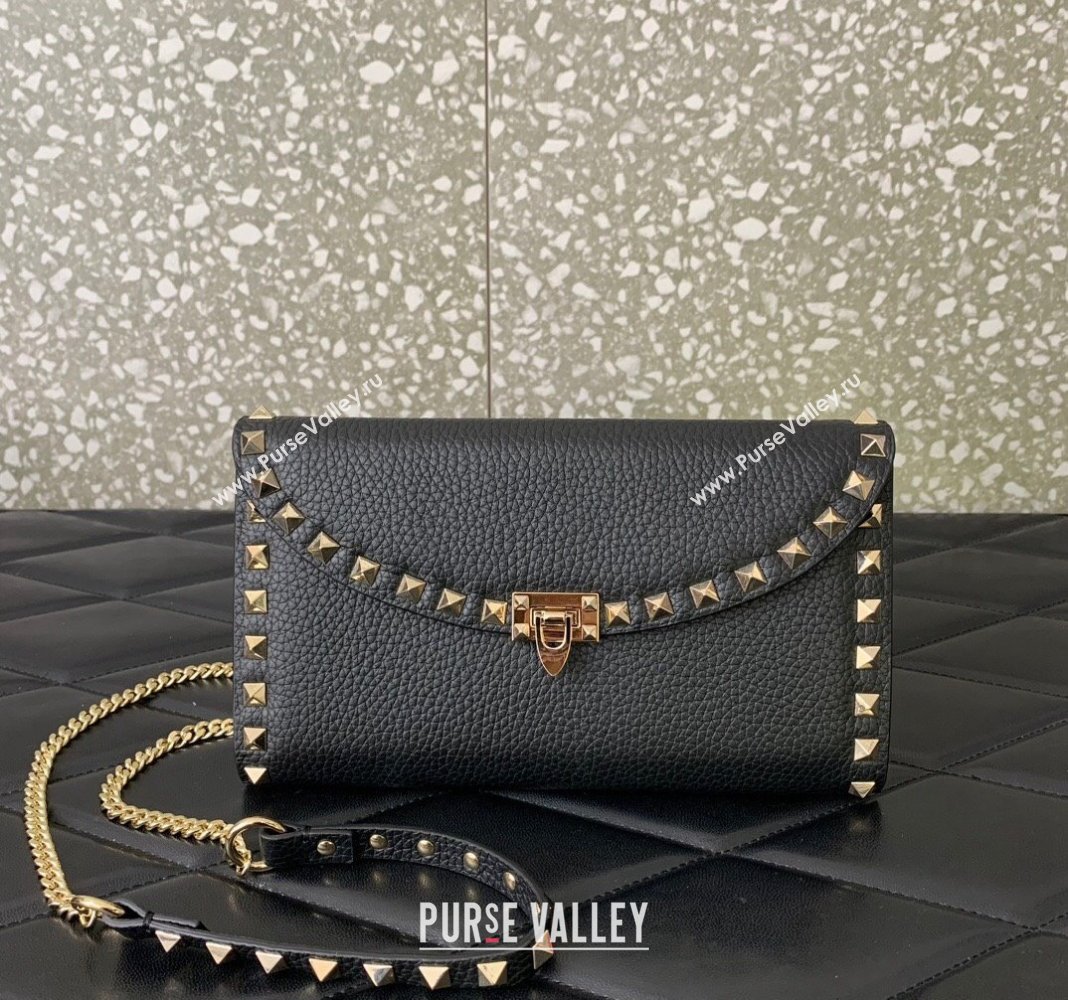 Valentino Rockstud Wallet with Chain in Grainy Calfskin Black 2024 059 (LN-240220064)