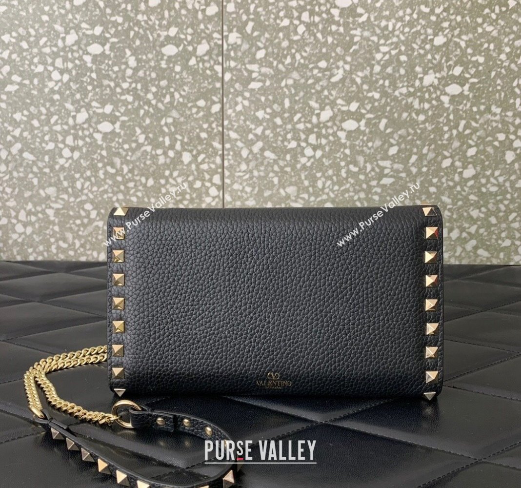 Valentino Rockstud Wallet with Chain in Grainy Calfskin Black 2024 059 (LN-240220064)