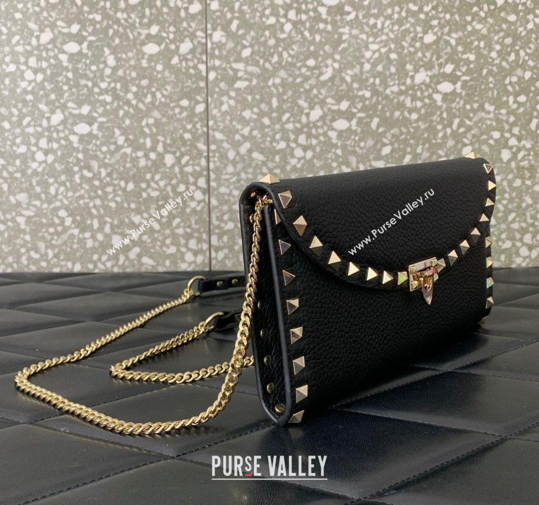 Valentino Rockstud Wallet with Chain in Grainy Calfskin Black 2024 059 (LN-240220064)